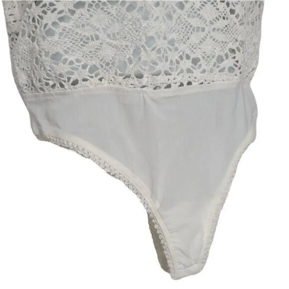 Free People White Hooked on Lace Knit Cotton Thong Bodysuit NEW Women's Small